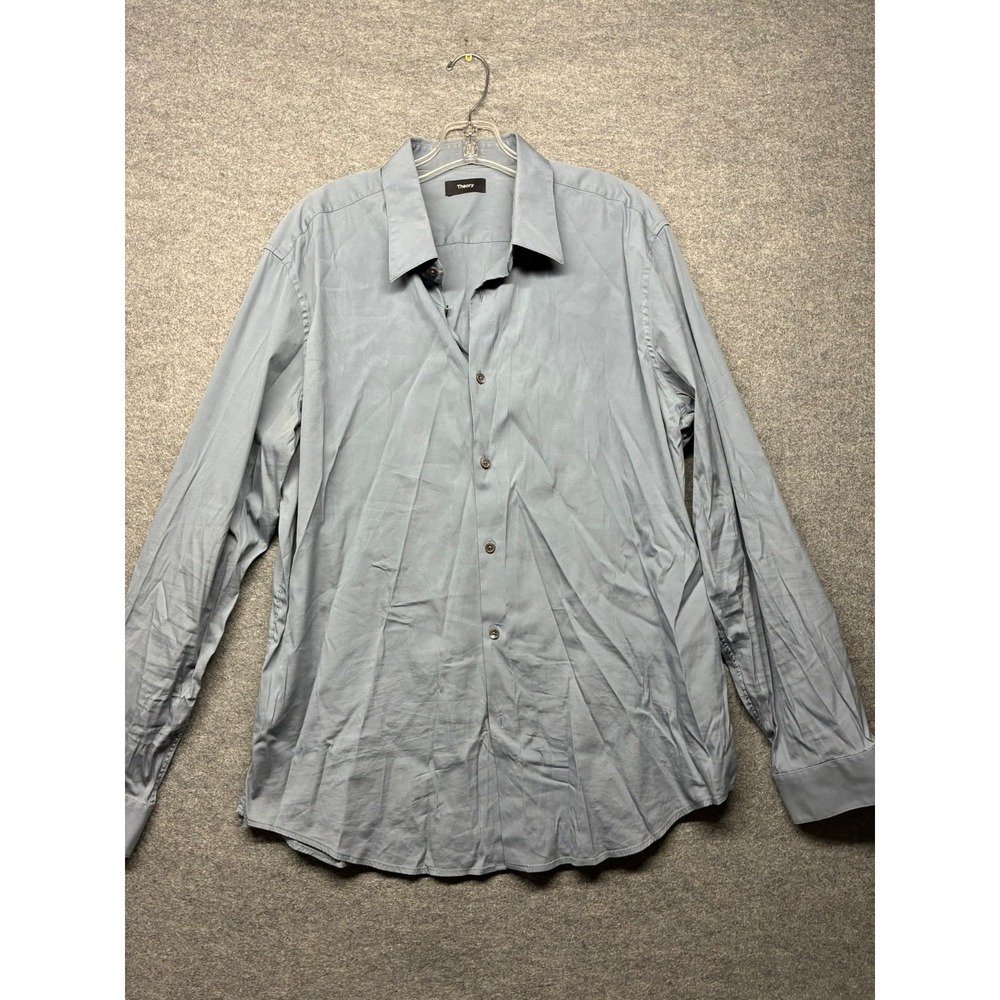 Theory Men's XXL Long Sleeve Button Up Dress Shirt Gray Blue Solid Casual Busine